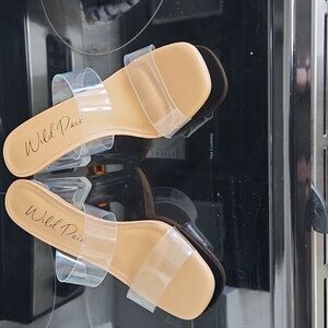 Clear block heel sandals with beige base size 6